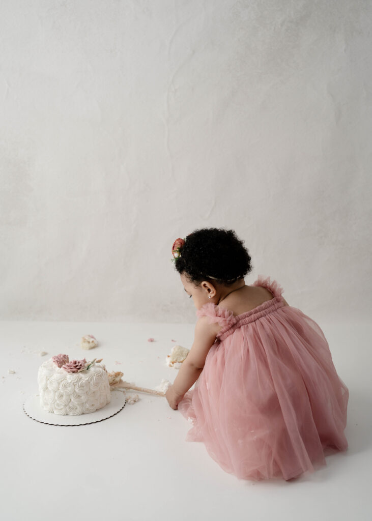    Cake smash session with pink dress and floral crown