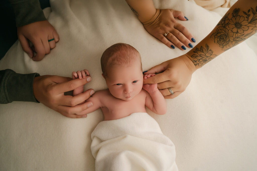 parents holding newborn son's hands Newborn photography session near Madison, WI