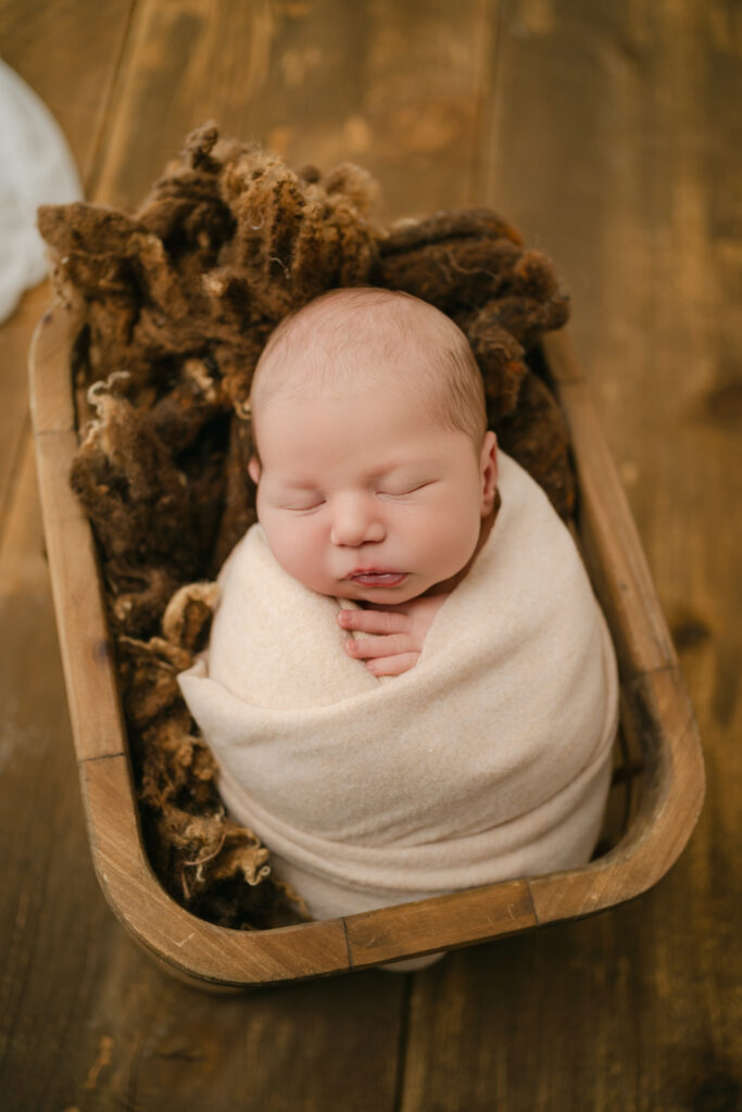 newborn in wooden basket with brown textures - Newborn photography session near Madison, WI